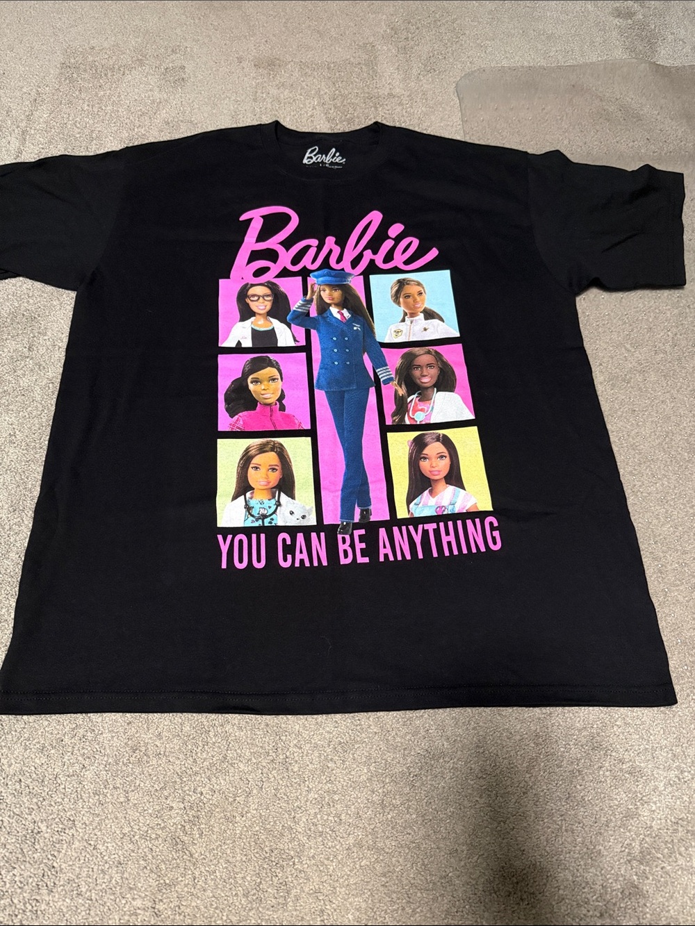Barbie Black Graphic Tee with Pink Logo and Multicolor Character Panels